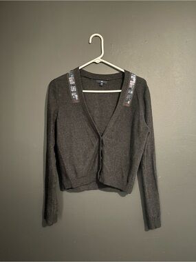 GAP Dark Charcoal Embellished V-Neck Cashmere Blend Cropped Cardigan